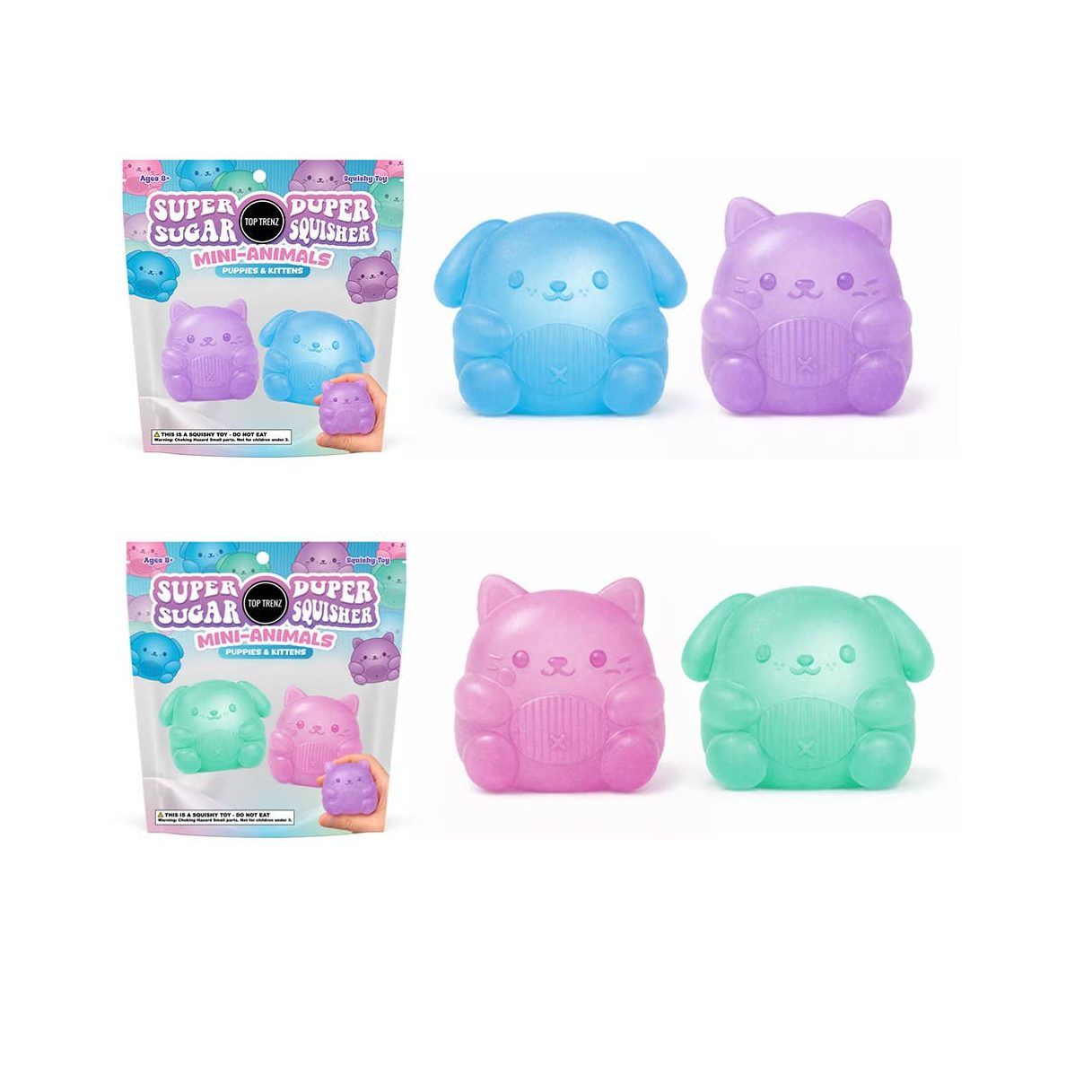 Top Trenz Super Duper Sugar Squisher – Mini Kitty & Puppy (2-Pack, Assorted Colors)